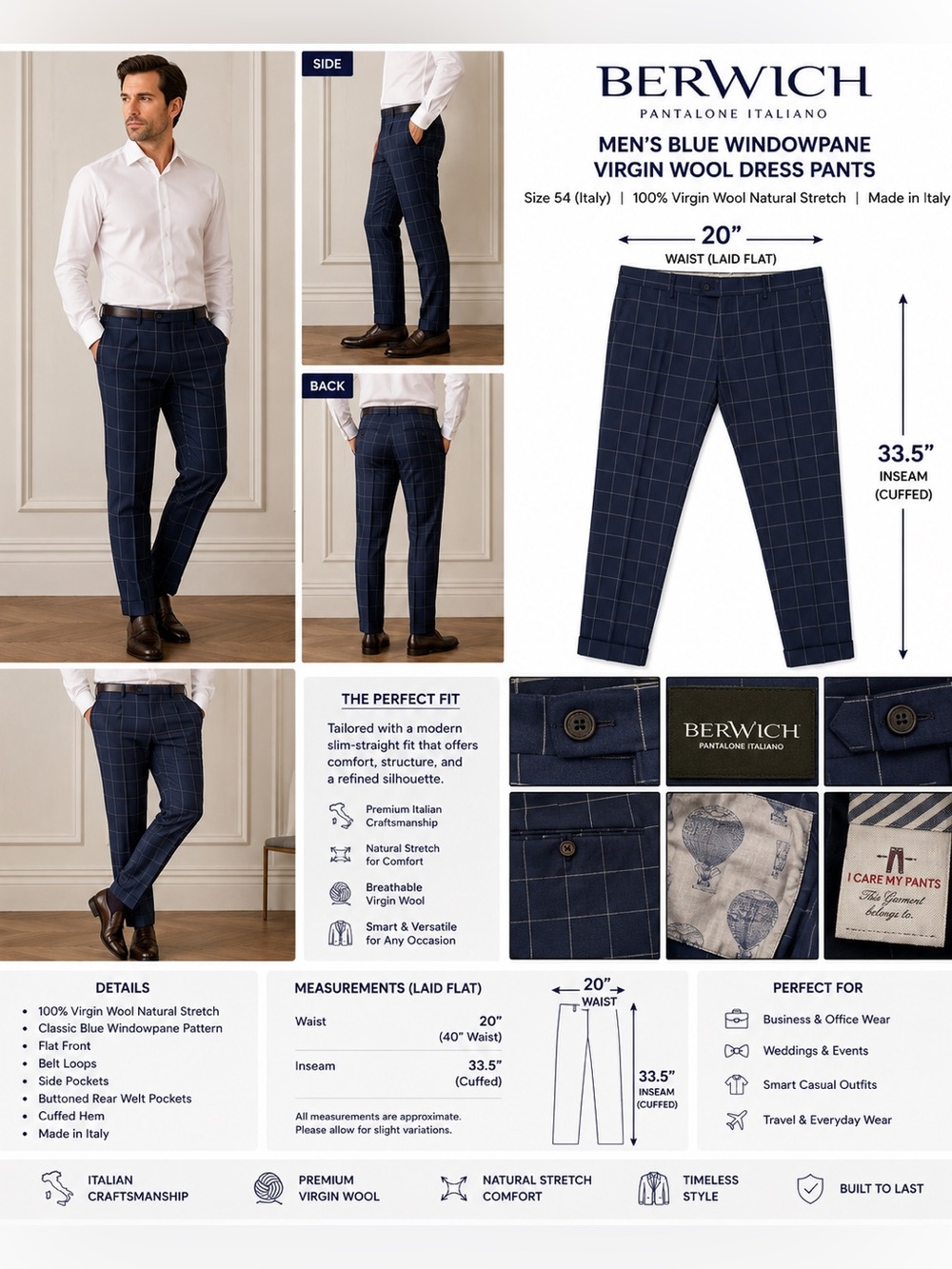 Berwich Men's Blue Windowpane Virgin Wool Dress Pants Size 54 Italy 20x33.5 Cuff